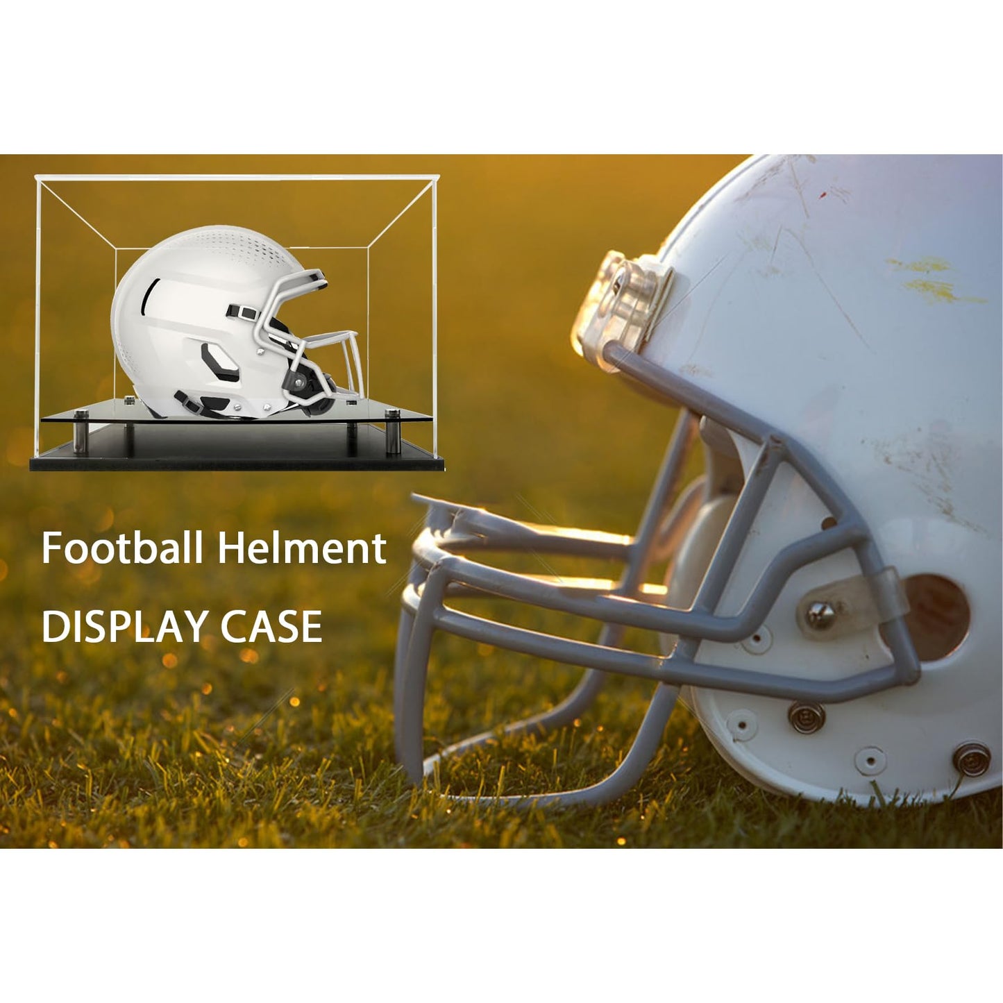 Acrylic Football Helmet Cases Features a PVC Base with Silver risers,Football Helmet Case Full Size Free Name Plate,Helmet case Display case Full Size UV Protection.(Need Assembly)