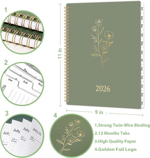 2026 Planner - Planner 2026 Weekly and Monthly with Tabs, 9’’ × 11’’, Jan 2026 - Dec 2026, Hardcover, 12 Monthly Tabs, Premium Paper, Twin-wire Binding, Inner Pocket