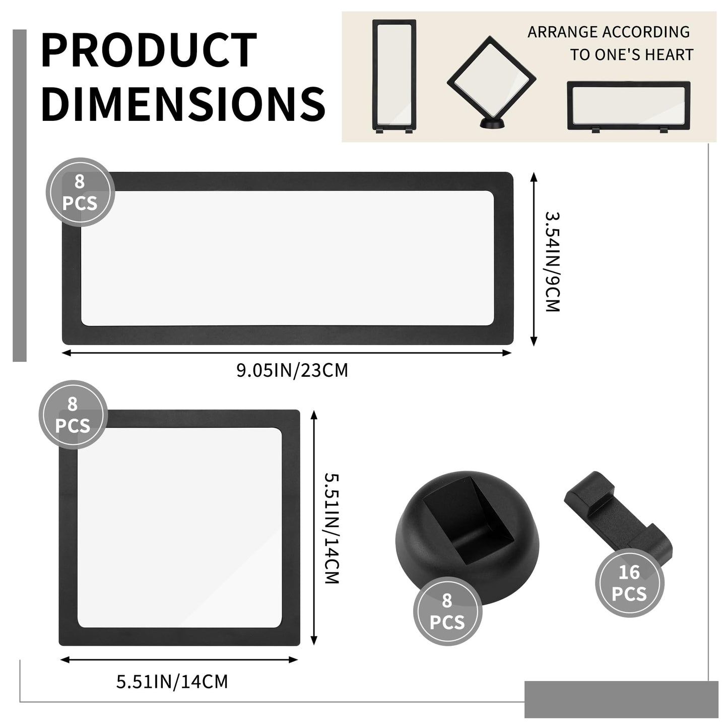 16 PCS Black Floating Display Case, UOIXPUHUO Transparent Challenge Coin Display Stand for Chips Ring Earrings Jewelry Necklace Shells Medals Antique AA Medallions (5.51*5.51*0.78in, 3.54*9.05*0.78in)