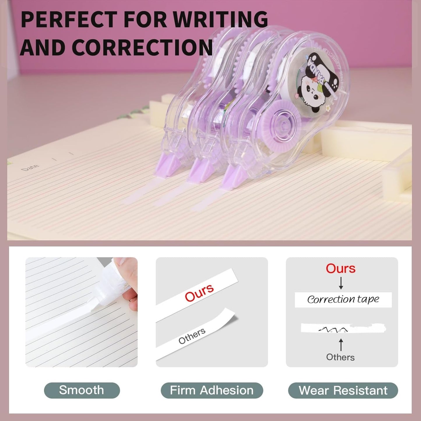 Aesthetic and Cute Gourd-Shaped White Correction Tape, 39.37ft(12m), 3-Count Pack, Easy to use, Dry Instantly, Clean and Tear-Resistant Tape Office or School Supplies(Cyan)