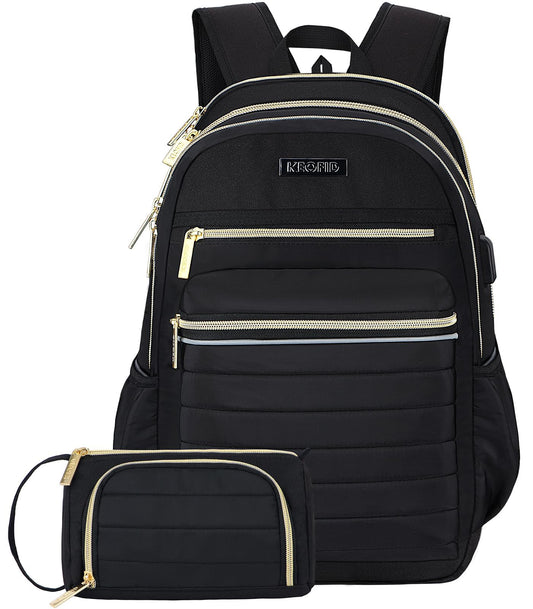 KEOFID Anti-Thief Travel Backpack with USB Charging Port for Men and Women, Casual backpack for College(Carbon and Golden)