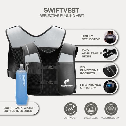 SWIFTVEST Running Phone Holder Vest with 500ml/17oz Water Bottle | Running Pack | Reflective Hydration Vest | Adjustable | Light | 6 Pockets for Accessories | Men & Women