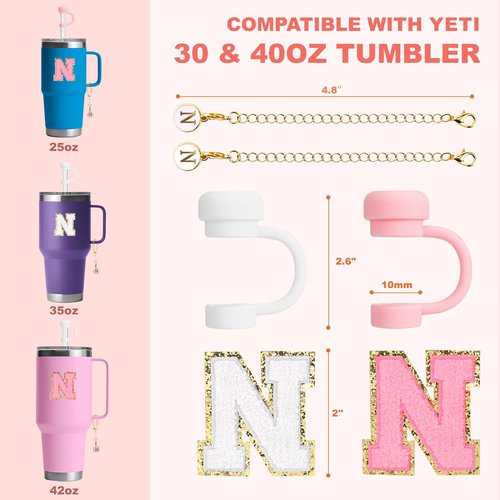 BABORUI 6Pcs Cup Accessories for Stanley Cup, Straw Cover Cap for Stanley Water Bottles 20 30 40oz, Initial Charm, Letter Cup Stickers for Stanley(N)