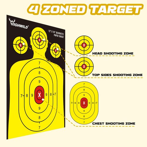 Highwild Shooting Range Silhouette Paper Target - 12X18 Inches - Suitable for Handguns, Rifles, Airguns, BB Guns (50 Pack, Black & Yellow)