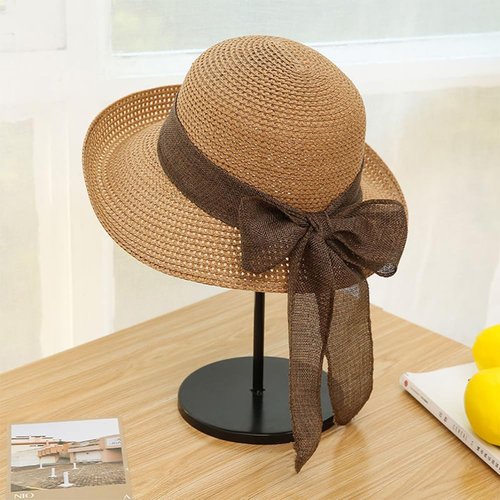 Straw Sun Hats for Women Wide Brim Bow Ribbons Roll Up Bucket UPF 50+ Foldable Sun Hat with Strap UV Protection Summer Travel Beach Khaki