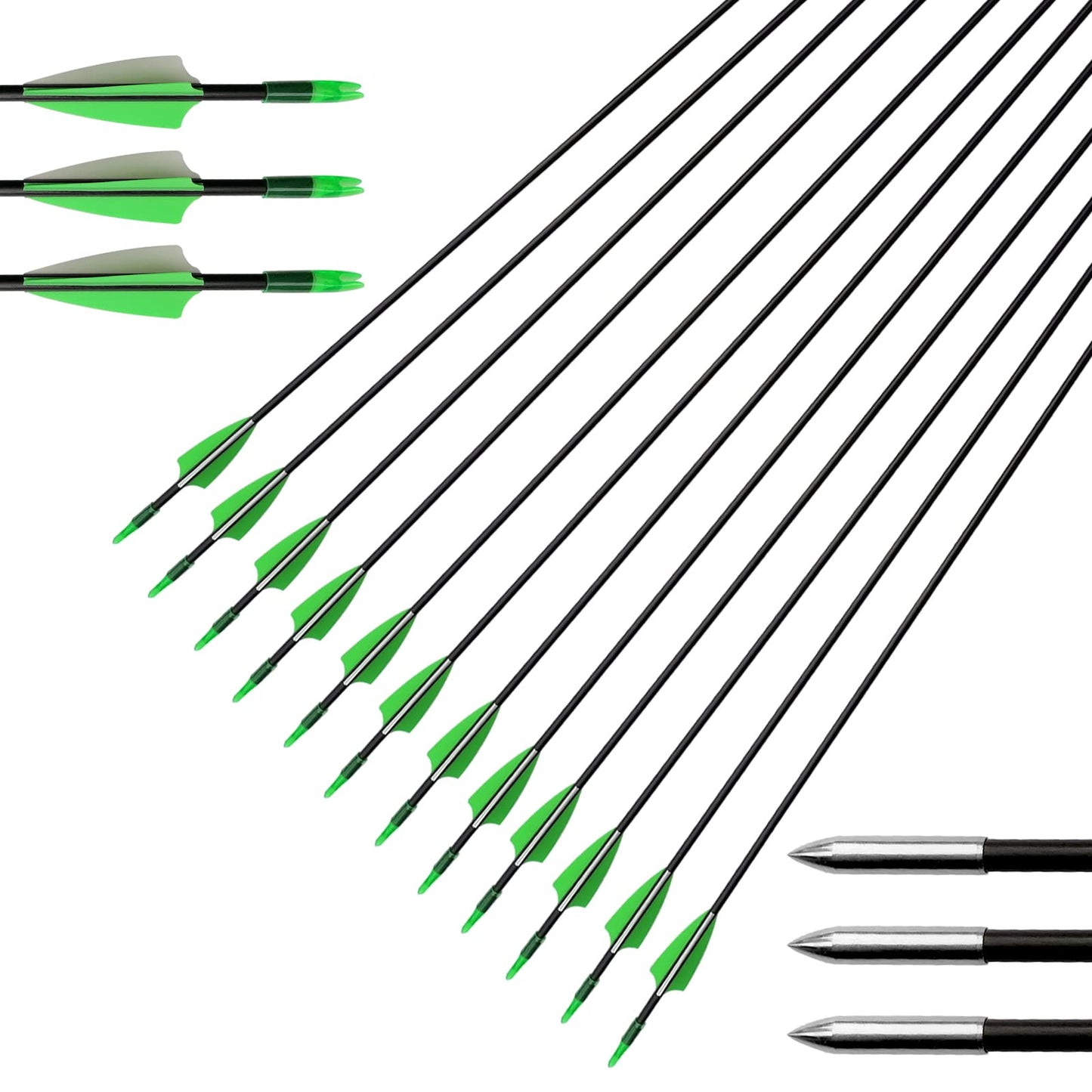 e5e10 31" Fiberglass Arrows Archery Training Practice Target Arrows with Durable Shaft Blunt Tip for Kids Youth or Beginners for Recurve Bow Long Bow (Green and White)