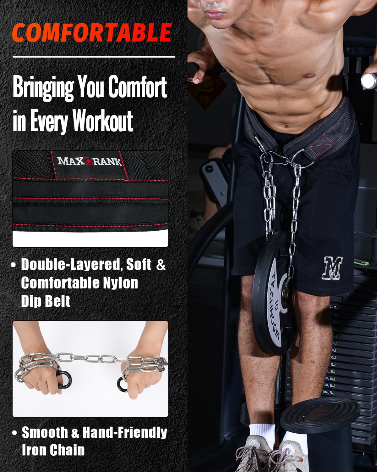 MAXRANK Dip belt With 37-40" Chain, 550lbs - 650lbs Weight Capacity, Weightlifting Belt for Dips and Pullups