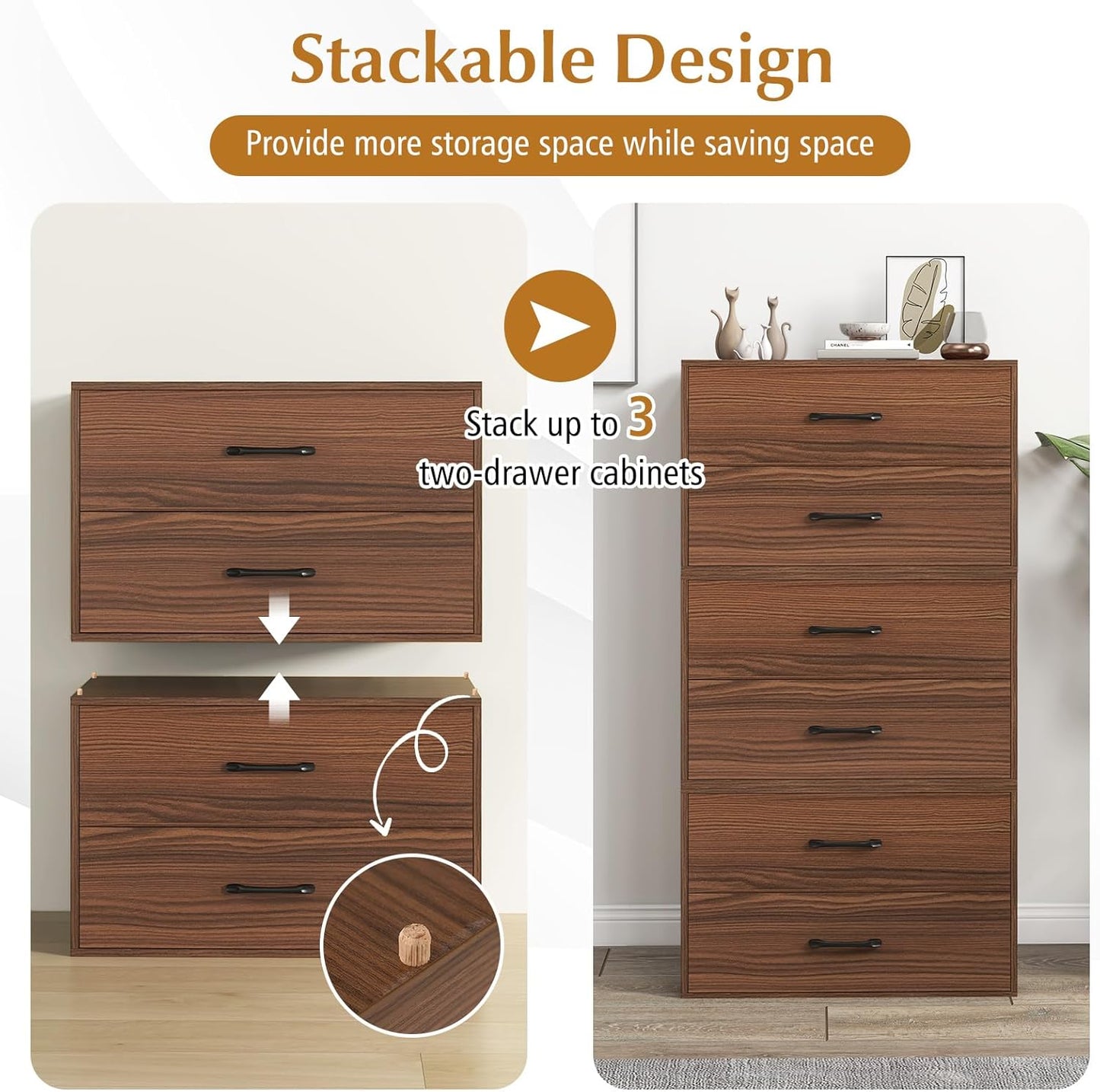 2 Drawer Lateral File Cabinet, Stackable Home Office Drawers, Under Desk Printer Stand, Low Storage Organizer, Horizontal Wooden Filing Cabinet for Study Living Room, No Wheels (2, Walnut)