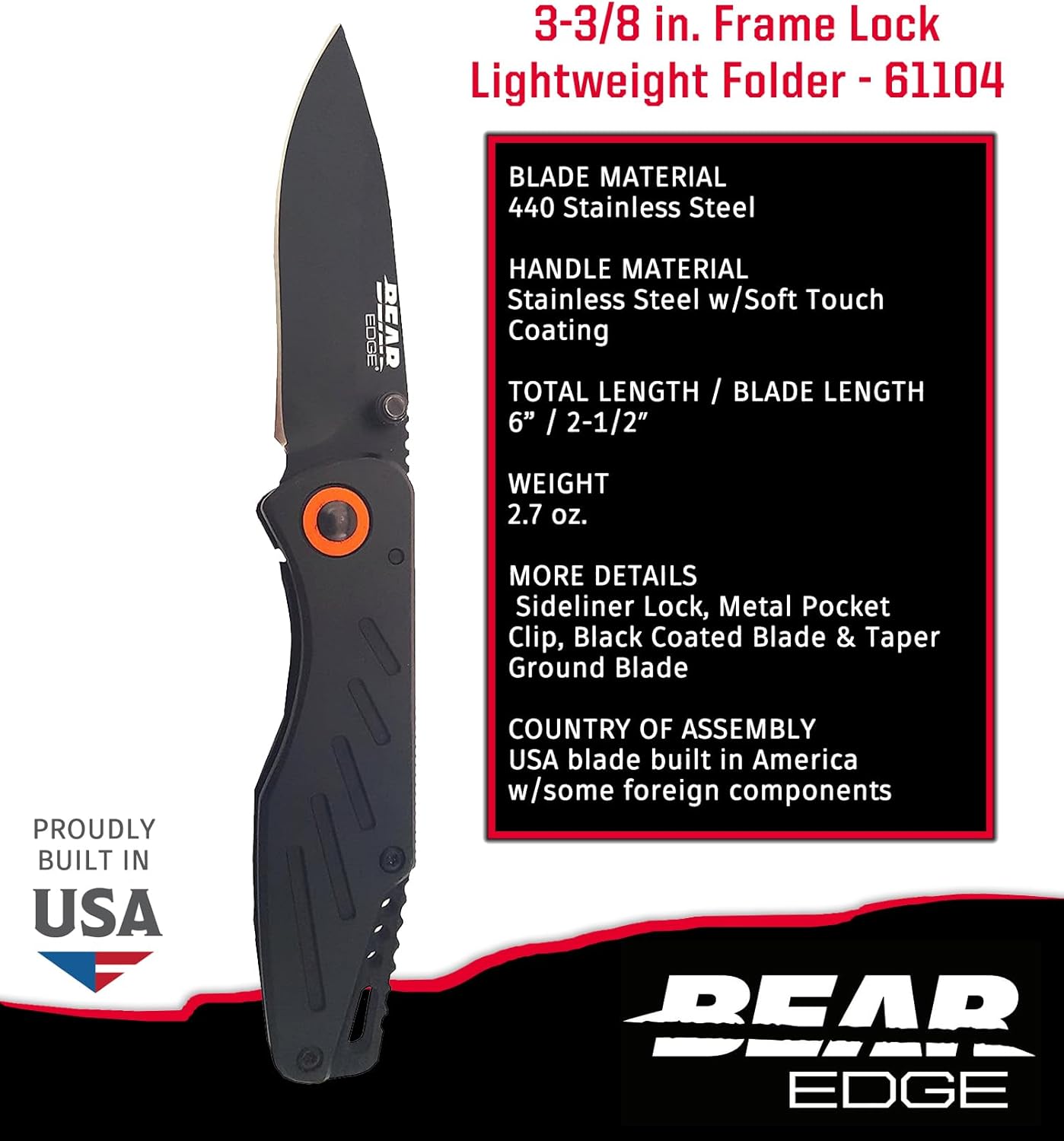Bear Edge 3-3/8 in. Framelock Folding Knife, 440 High Carbon Stainless Steel Blade, Black Steel Handles, Assisted Opening and Pocket/Boot Clip (61104)