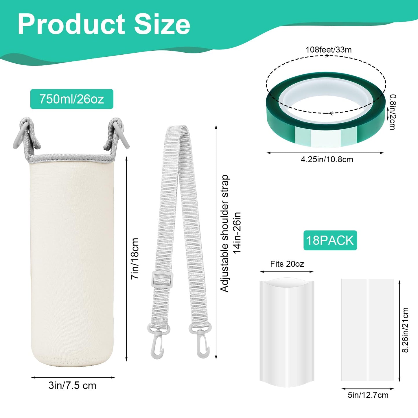 37PCS Sublimation Blanks Water Bottle Carriers Bag 26oz Insulated Neoprene Water Bottle Holder Sleeve Tumbler Blank Pouch Cover for 750ml with Adjustable Strap for Adult Kids