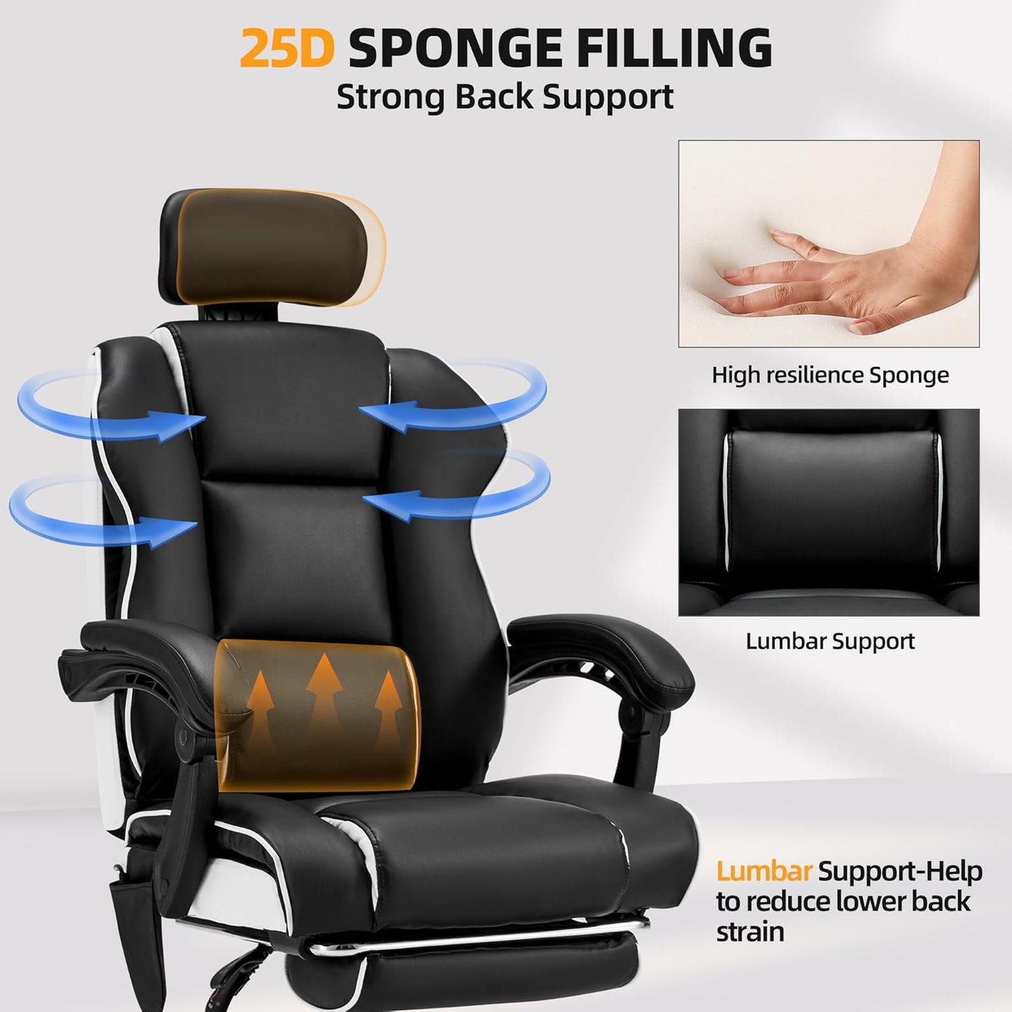 HOMREST 6-Point Massage Office Chair with Retractable Footrest, Heated Executive Office Chair with Reclining Backrest, Ergonomic Computer Chair with Adjustabel Headrest,Black