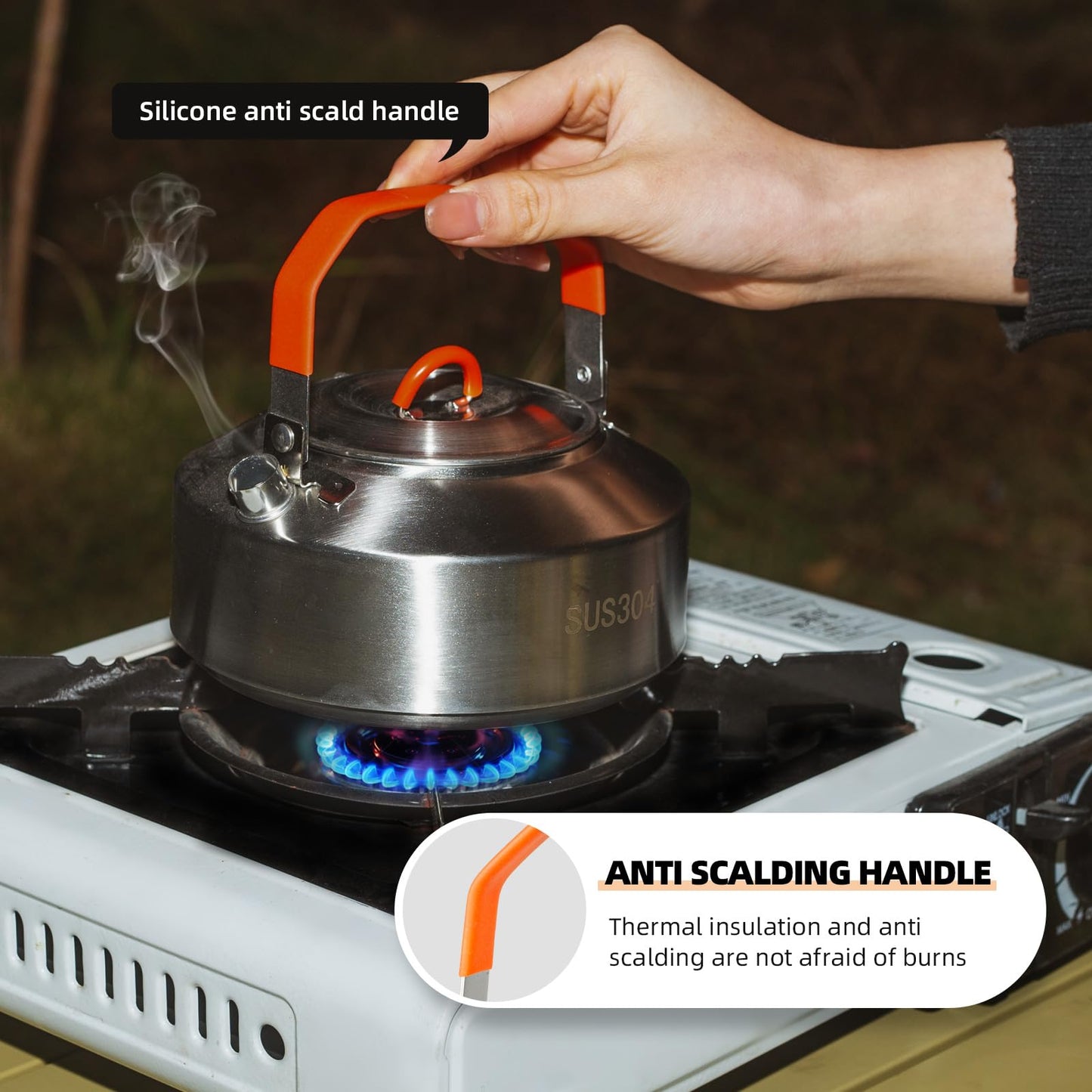 KERMANDO Stainless Steel Camping Cookware Set - Kettle, Frying Pan and Cooking Pot 3 Piece Set With Anti-scald Folding Handles and Mesh Bag