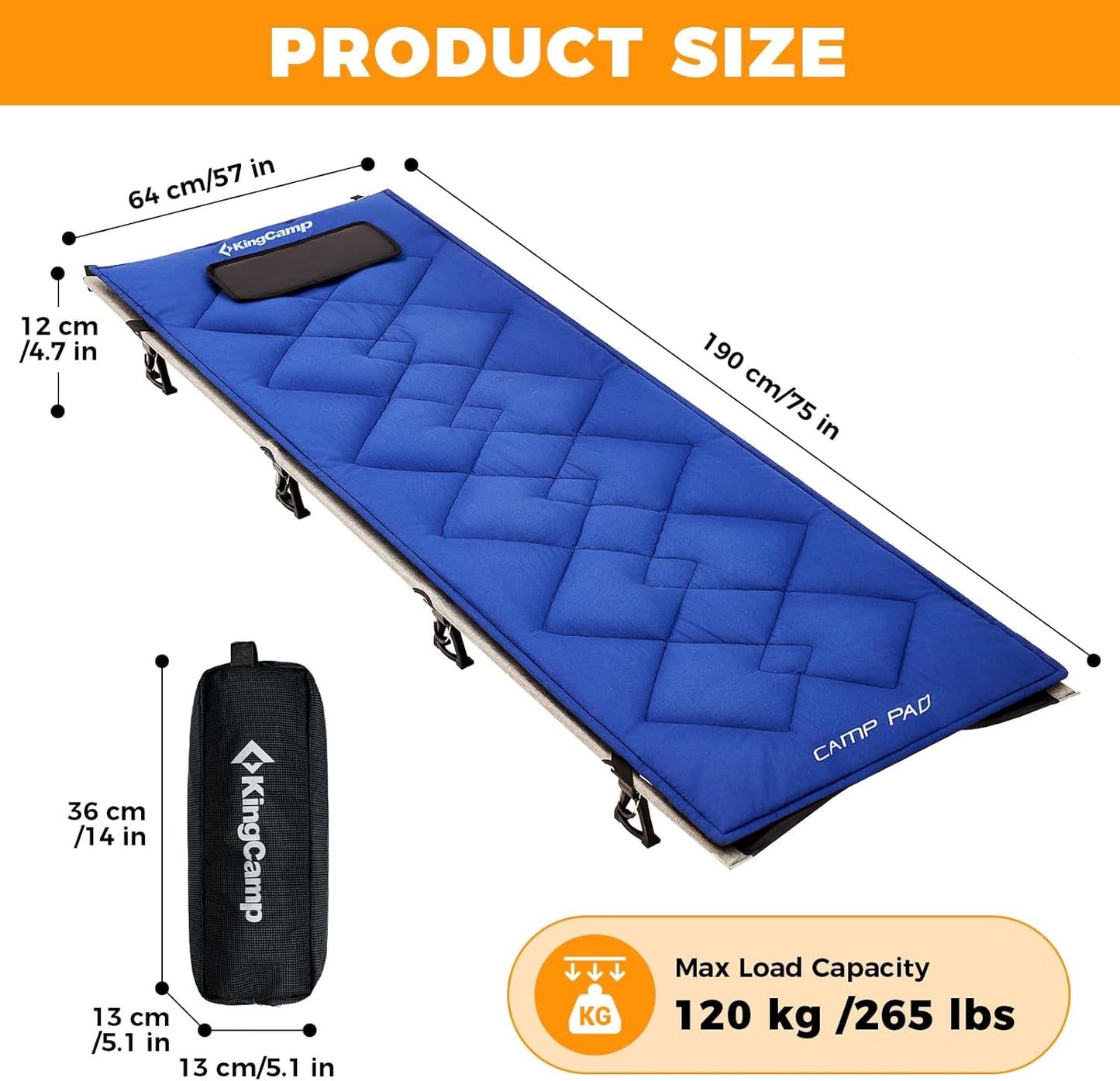KingCamp Ultralight Camping Cot, Portable Folding Tent Camping Bed, Heavy Duty Sleeping Bed with Pillow for Adults Outdoor Backpacking Travel Hiking, Supports 350LBS, Orange