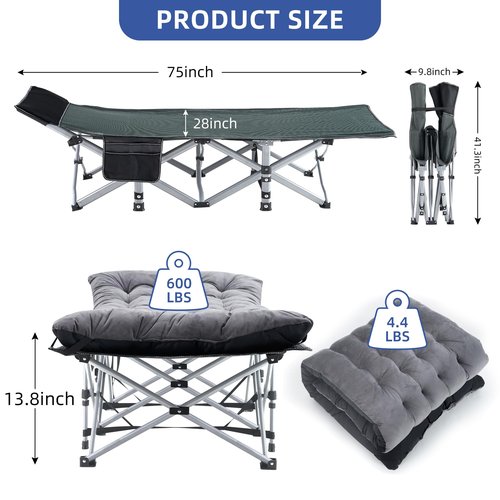 Fragess Camping Cot, Sleeping Cots for Adults, Portable Camping cots with Mattress, Pillow and Carry Bag, 1200D Double Layer Oxford, 600 LBS Weight Capacity Cots for Sleeping(Grey+Black)