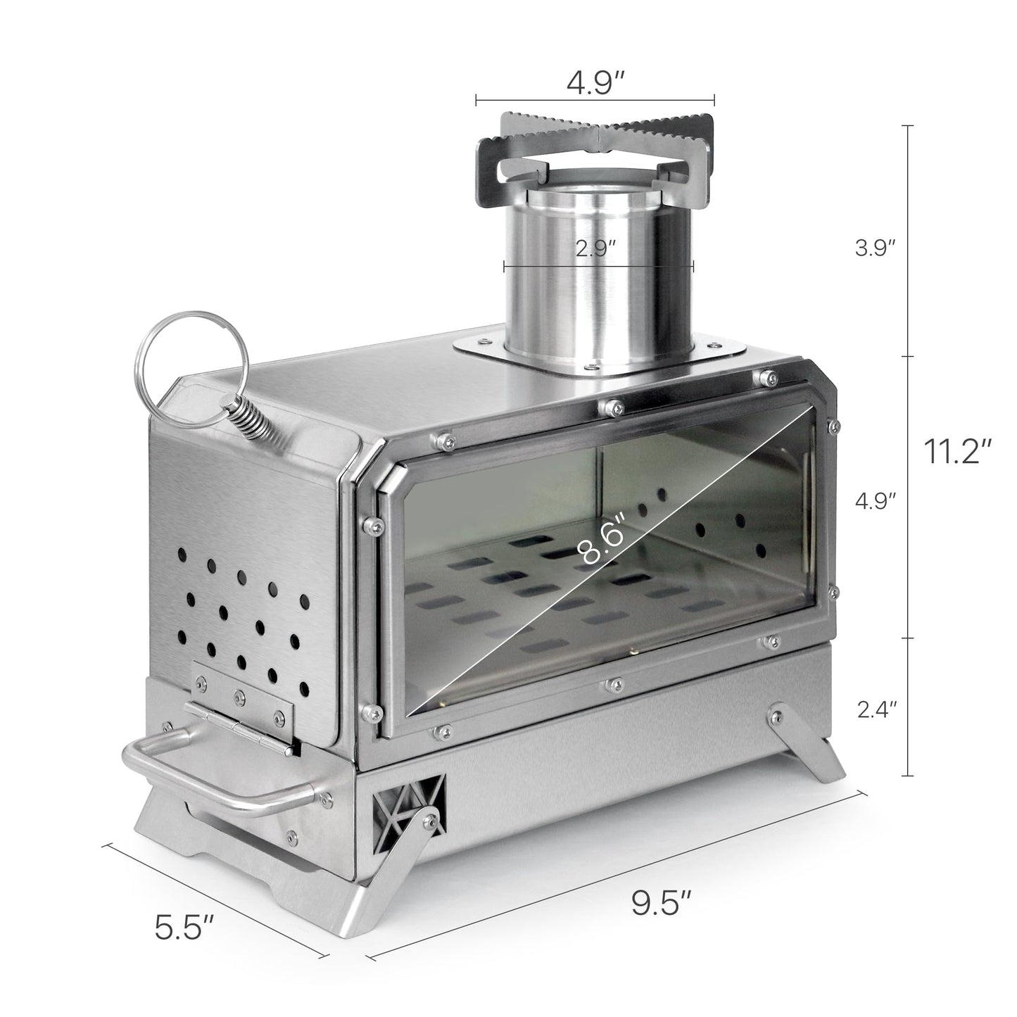 GoHawk Portable Wood Burning Camp Stove 9.5" Mini Heater Burner with Fireproof Glass Window 304 Stainless Steel Cooking Oven Grill Heating Tray for BackPacking Camping Tent Fishing Hiking Picnic BBQ