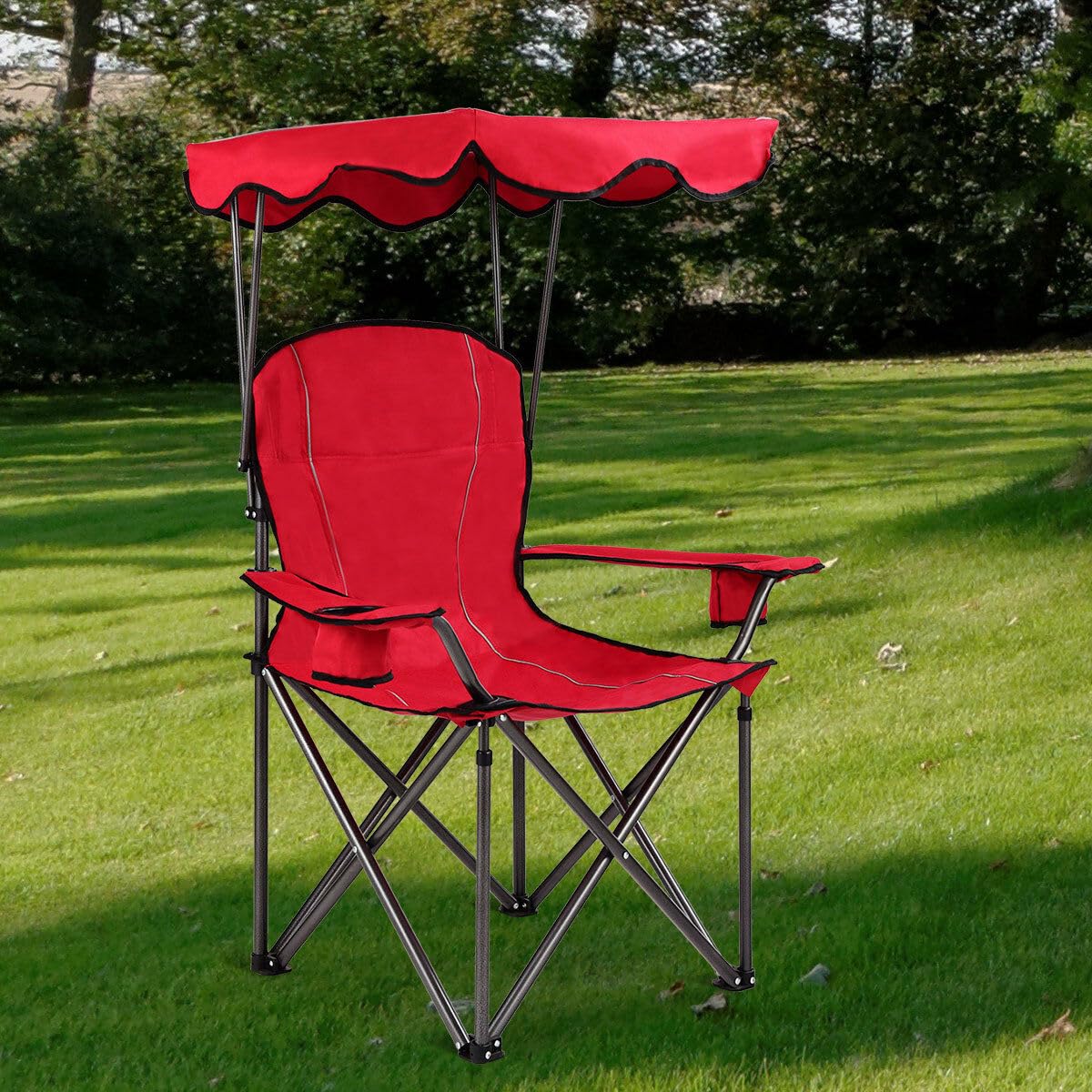 COSTWAY Portable Camping Chair with Canopy, Outdoor Lawn Chair with Shade, Carry Bag, Cup Holder, for Travel, Picnic, Beach (Red)
