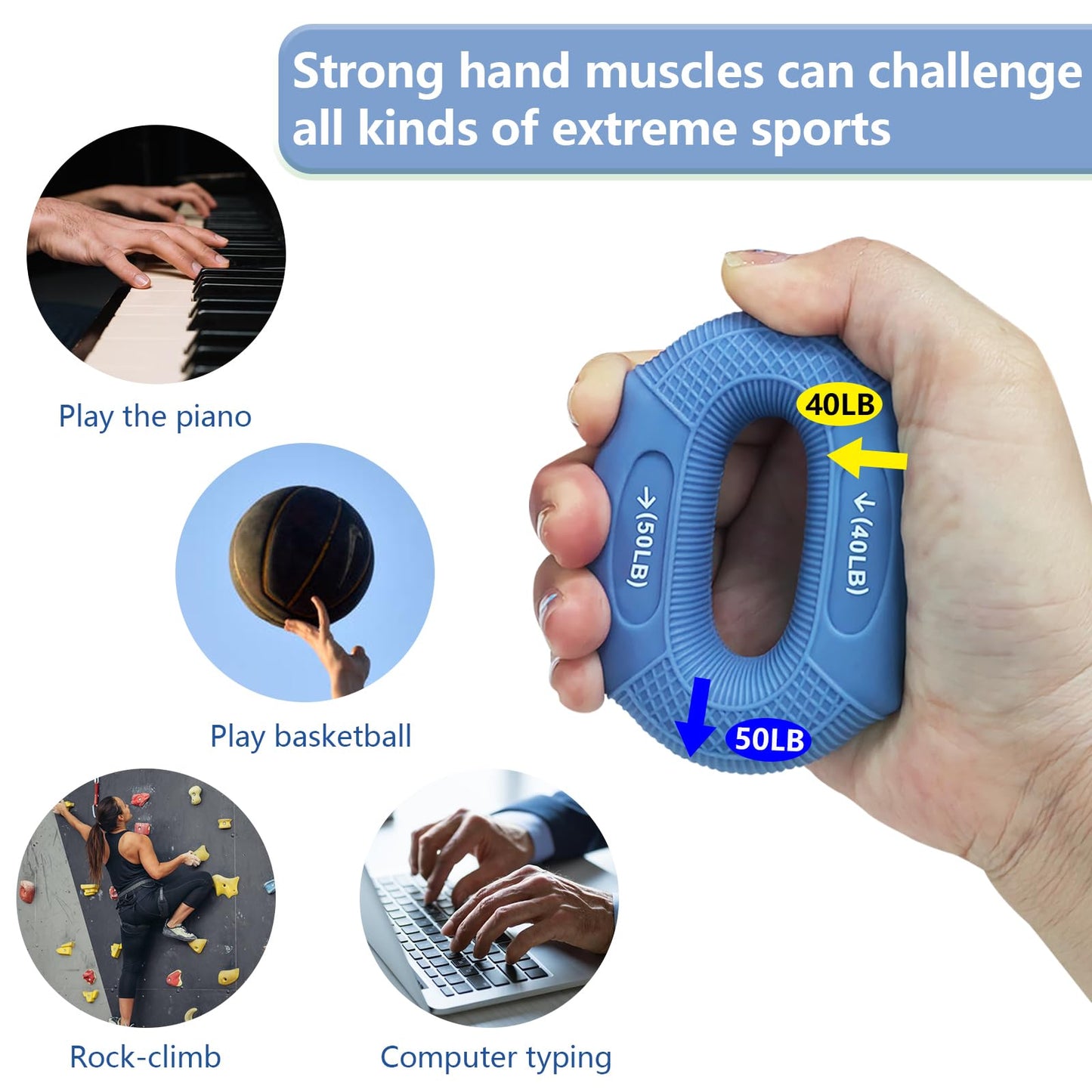 Grip strength trainer Hand grip strengthener, Forearm exerciser, Workout Set for Hand and Wrist Muscle Trainer Stress Relief, Silicone Ring for Muscle Training, Sports, Rock Climbing, Bouldering, and