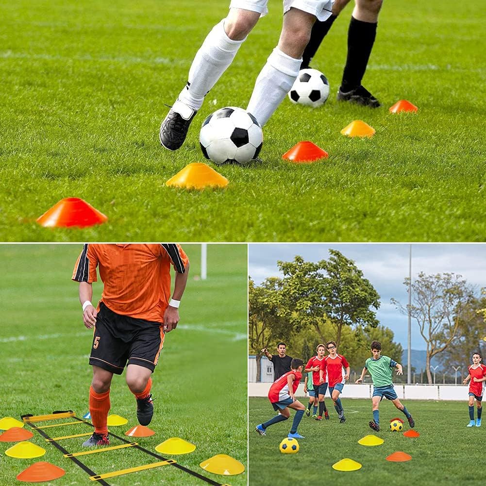 LAMOOER Speed Agility Ladder Training Set, Soccer Football Training Equipment Includes 12 Rung 20Ft Agility Ladder, 12 Disc Cones, 4 Steel Stakes, Resistance Parachute & Carry Bag