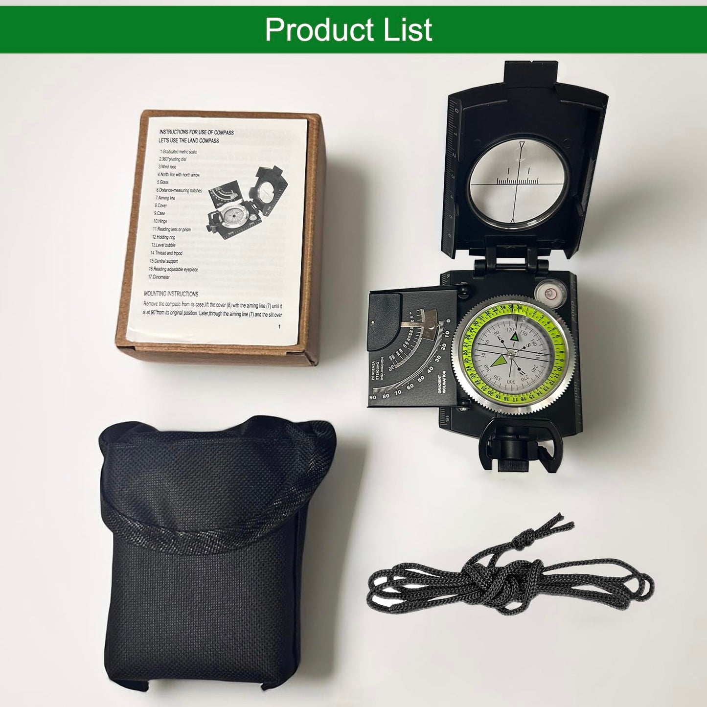 Lensatic Compass Military Grade, JYEASTZ Sighting Clinometer Compass for Hiking, IP65 Waterproof Professional Outdoor Compass Durable Boy Scout Compass with Carry Bag (Black)