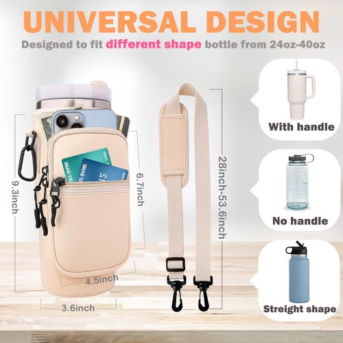 Water Bottle Carrier Bag with Strap Tumble Carrier Bag Pouch with Phone Pocket Strap for Stanley Cup Accessories 40 oz Water Bottle Holder Sling with Strap, 2PC Straw Cover and 1pc Carabiner