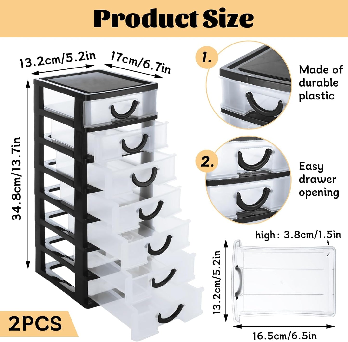 LANIAKEA 2PCS Plastic Drawers Organizer 13.7x5.1x6.7inch Stackable Plastic Drawer Storage Containers with 7 Clear Drawer Units Desktop Storage for Craft, jewelry (Black)