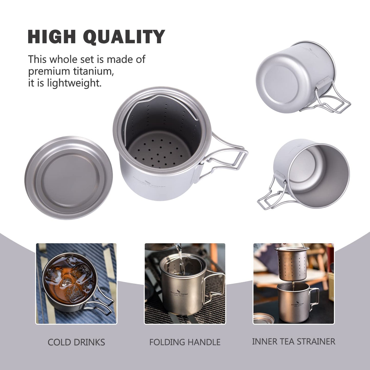 Boundless Voyage Single Layer Titanium Cup Portable Camping Picnic Water Cup Mug with Foldable Handle Lightweight Tea Cup with Tea Filter 420ml/14.2 fl.oz(Ti3054D)