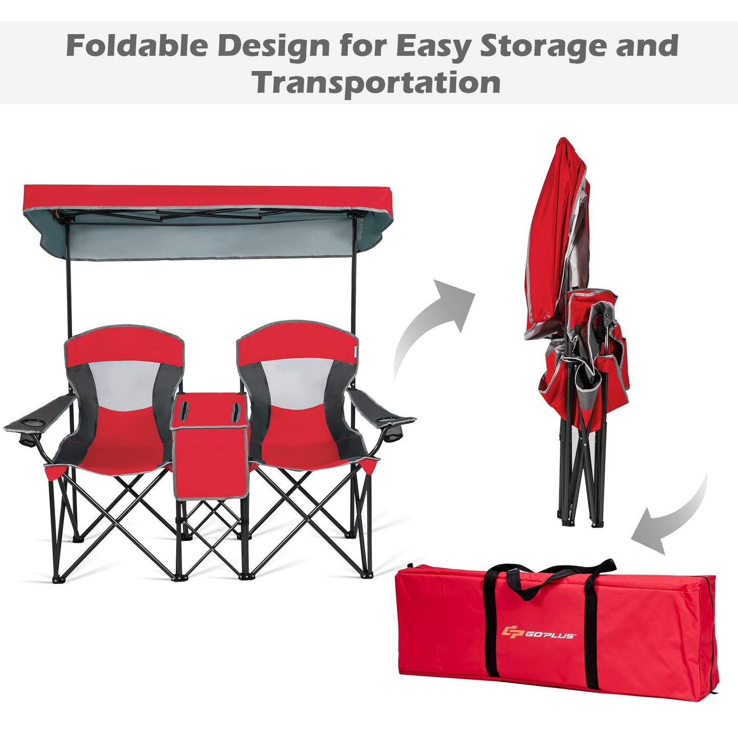 COSTWAY Double Camping Chair, Portable Camping Chair with Canopy, Cup Holder, Iced Bag, Storage Bag, Carrying Bag, Folding Loveseat for Adults, Outdoors Sport, Red