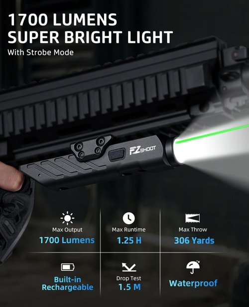 EZshoot 1700 Lumens Tactical Laser Light Combo for Rifle with Magnetic Rechargeable Compatible with Picatinny and M-Rail, Rilfe Flashlight Green Laser Light Combo with Strobe Mode