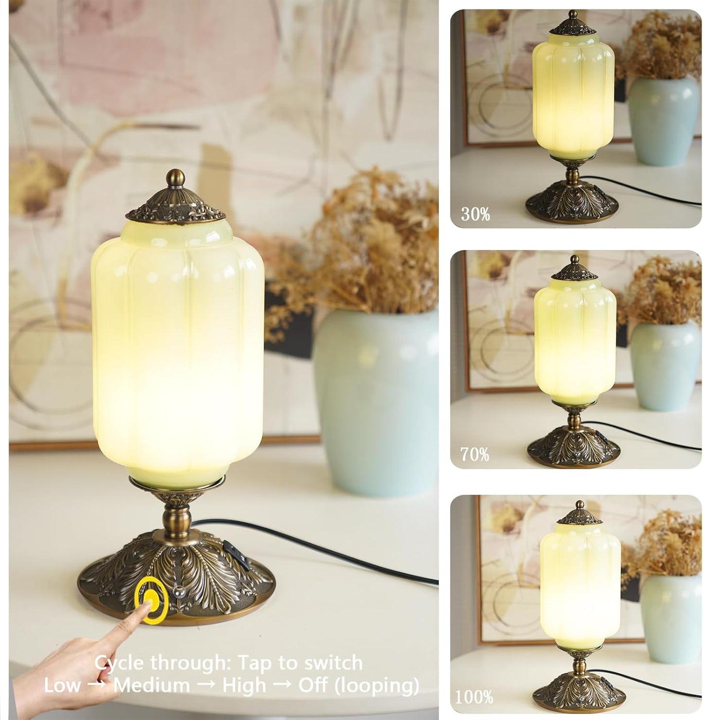 Milk Glass Touch Table Lamp, Elegant Green Jadeite Glass Bedside Desk Lamp 3 Way Dimmable with USB C+A Charging Ports - Bedroom Nightstand & Living Room Essential, 4W Bulb Included (Green, 6.5)