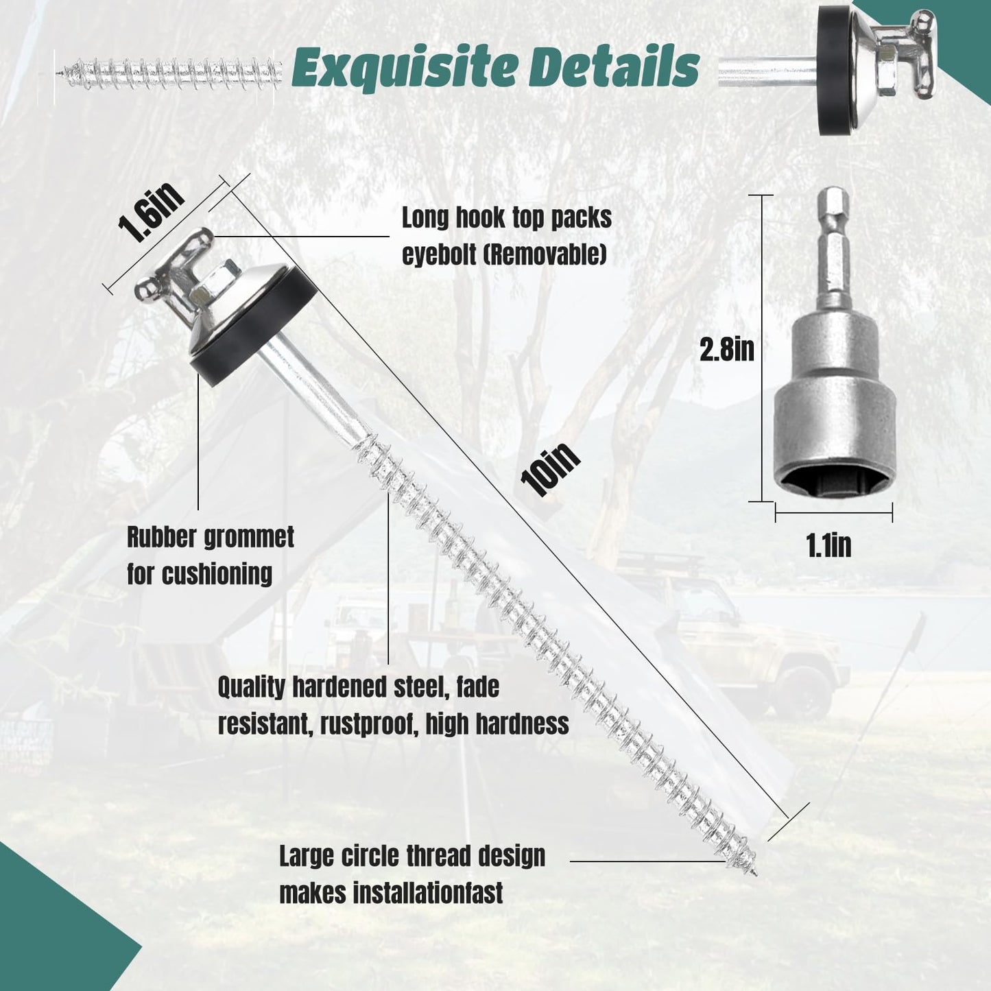 4 Pcs 10" Drillable Tent Stakes, Long Hook Top Packs Tent Stakes, Heavy Duty Hardened Steel Ground Pegs for Grassland Garden Tents Canopies Awnings Camping Travel (Hex Tool and Storage Bag)