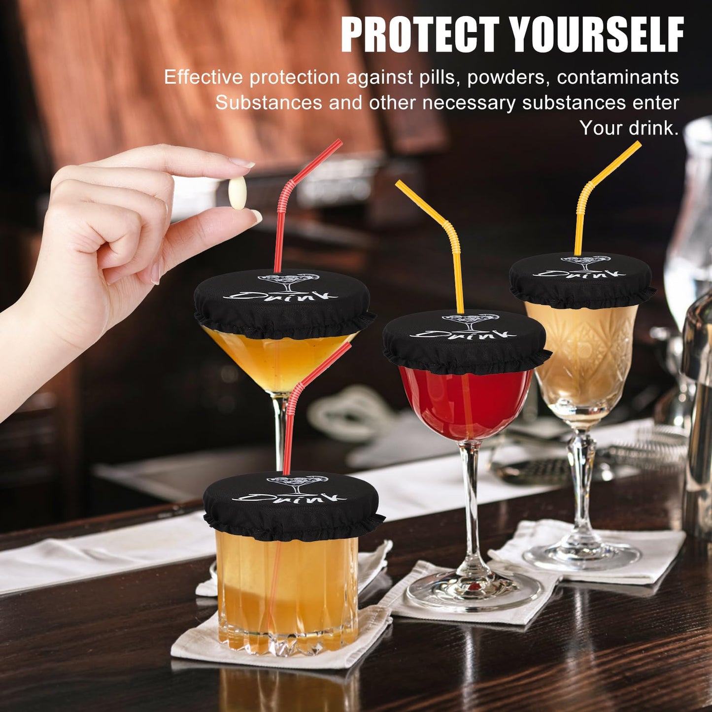 10pcs Drink Cover for Alcohol Protection, Washable Cup Protector Cover Scrunchie Anti Spike Reusable Drink Protection Cap with Straw Holes for Women Girls Club Bar