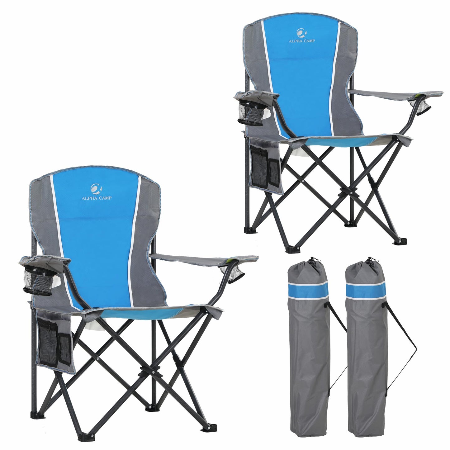 LET'S CAMP Oversized Outdoor Folding Camping Chair, 2 Pack Heavy Duty Arm Chairs with Cup Holder and Storage Bag, 350 LBS Weight Capacity, Blue