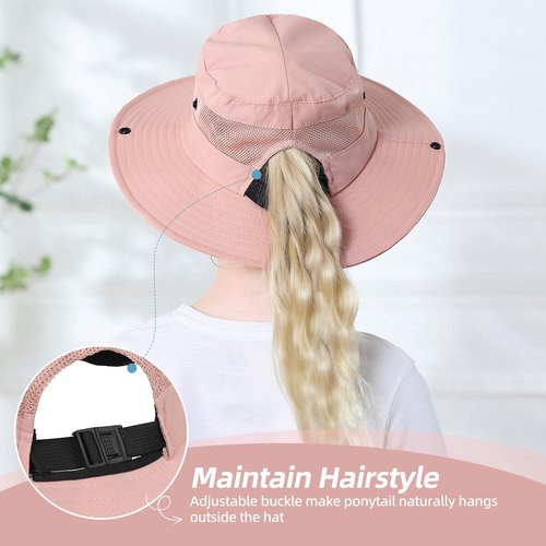 Zando Kids Sun Hat Girls with Ponytail Hole UPF 50+ Kids Bucket Hat Girls Wide Brim Fishing Safari Hats for Summer Beach Cap Big Kids Solid Pink 8-12 Years