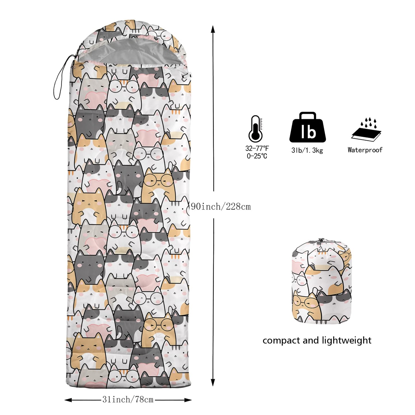 QOOMO Kawaii Cat Printed Camping Sleeping Bags,3 Season Warm & Cool Weather,Lightweight,Waterproof Sleeping Bags for Adults Kids Girls,Traveling,and Outdoors,Camping Gear Equipment,31x90inch