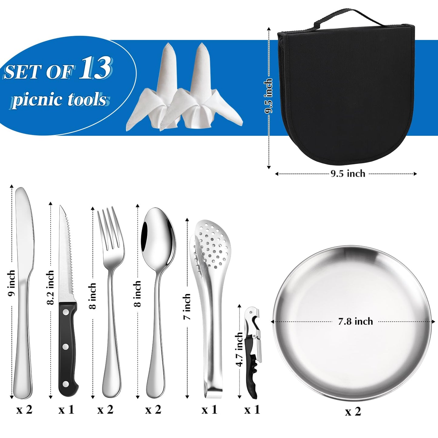 Camping Silverware Kit Cutlery Organizer Utensil Picnic Set - 13 Piece Mess Kit for 2 - Stainless Steel Plate Spoon Clip and Serrated Knife Wine Opener Fork Napkin Hiking - Camp Kitchen BBQ’s