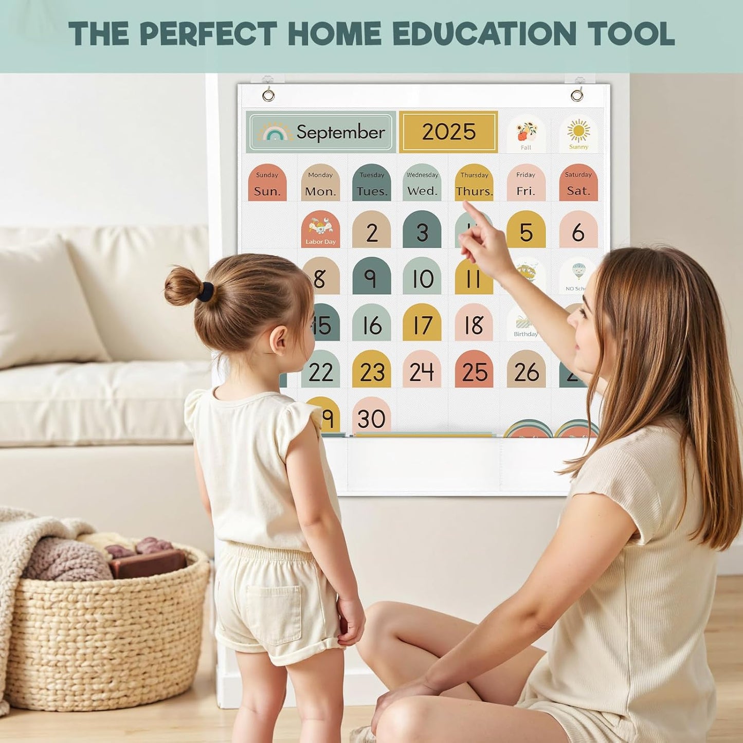Classroom Monthly Calendar Pocket Chart for Kids Learning, 105 Cards Wall Boho Calendar and Weather, Teacher Supplies for Kindergarten Preschool Elementary Homeschool