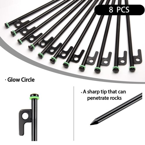 AVOFOREST 12Inch Heavy Duty Tent Stakes,8 PCS Tent Pegs Metal+Fluorescent Silicone Rings+ Storage Bag for Camping