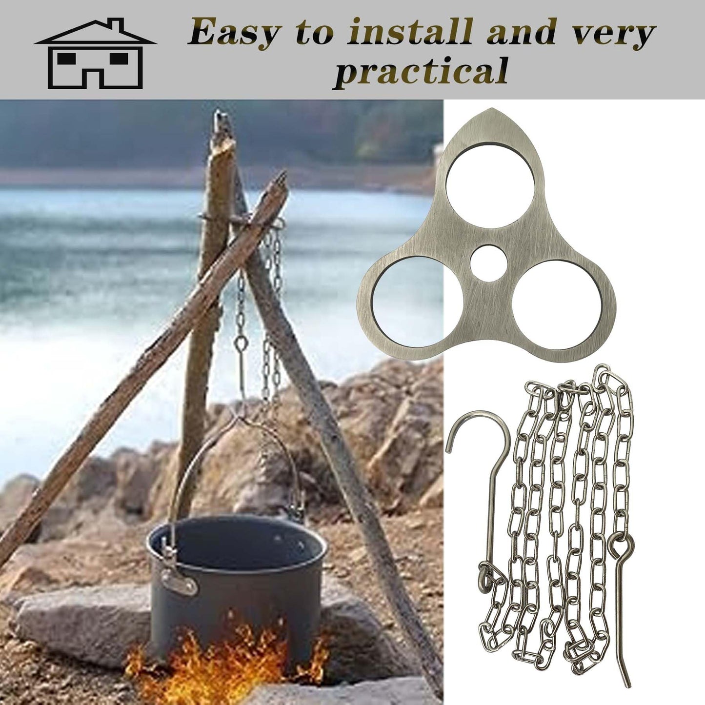 Stainless Steel Picnic Support Triangle,Suitable for Camping and Outdoor Cooking Triangle, Can Be Transformed Into a Tripod with Adjustable Chain Hanging Cookware, an Essential Outdoor Tool