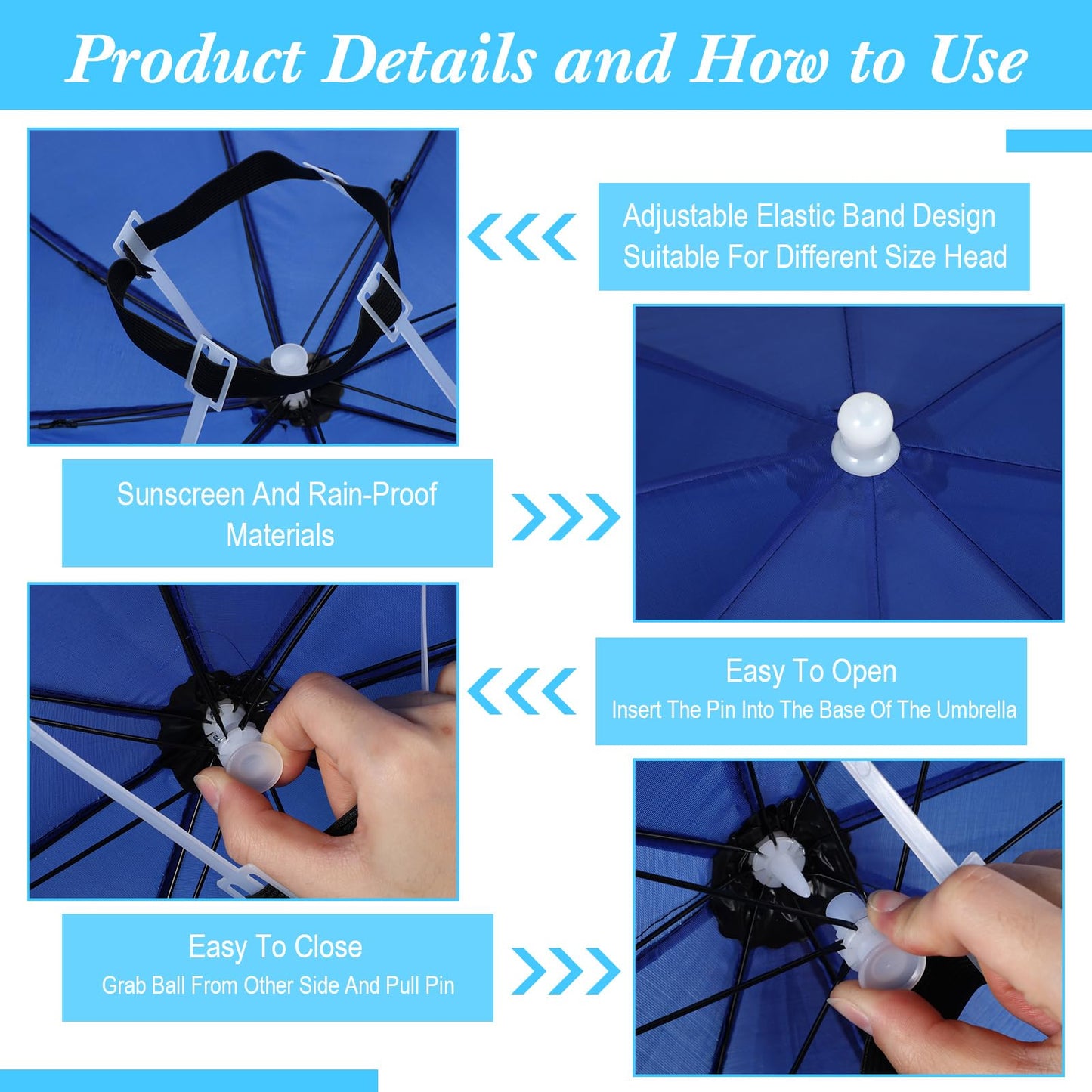 Kacctyen 20 Pieces Royal Blue Umbrella Hat for Adults Waterproof Head Umbrella Cap for Beach Fishing Hiking Camping