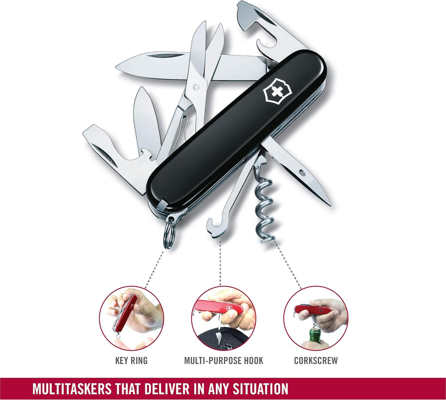 Victorinox Climber Swiss Army Knife, 14 Function Swiss Made Pocket Knife with 2 Blades, Corkscrew and Screwdriver - Black