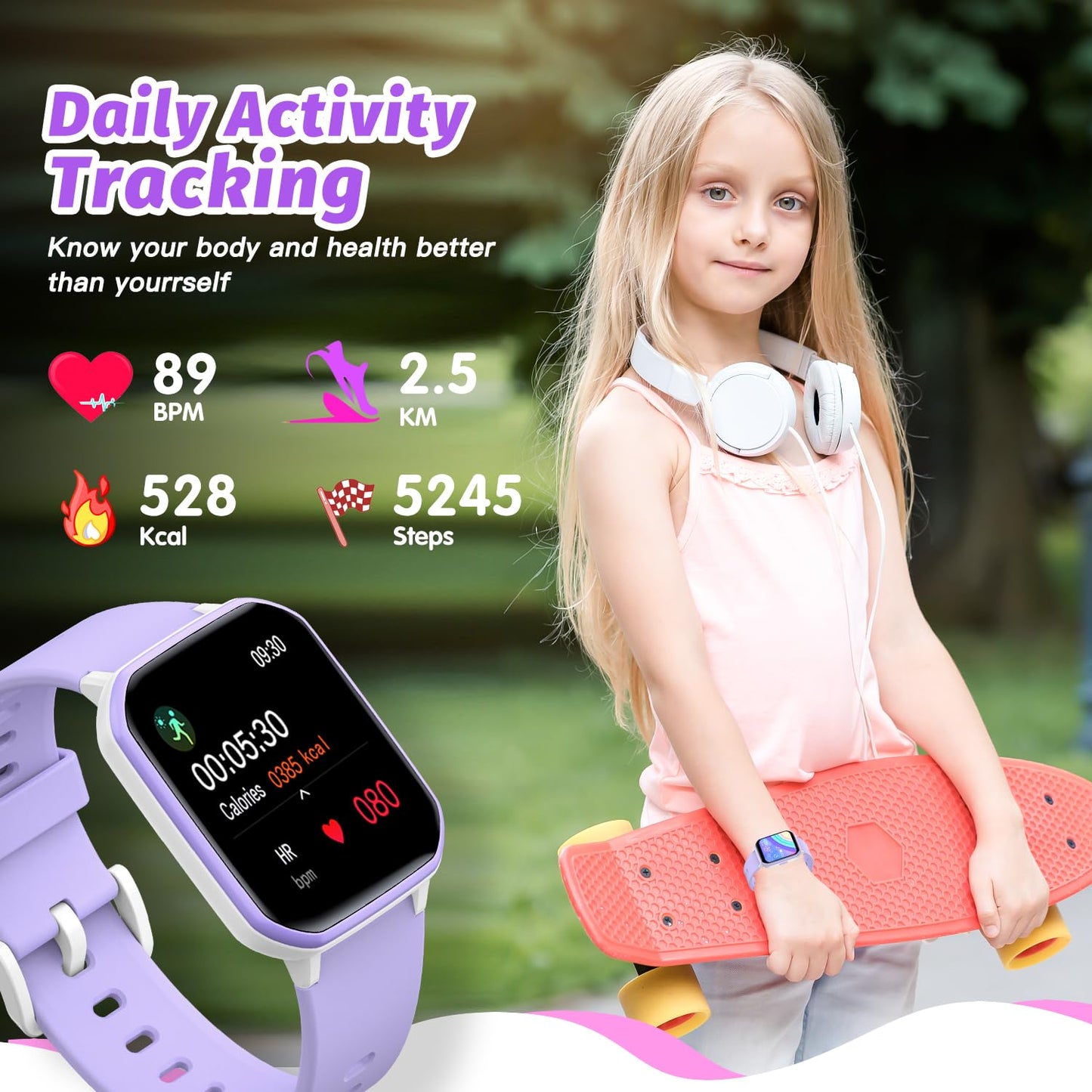 Kids Smart Watch for Girls,IP68 Waterproof Kids Fitness Tracker Watch with 1.5 Inch DIY Face,Heart Rate Sleep Monitor,19 Sport Modes,Calories Counter,Alarm Clock,Great Gifts for Children 6+(Purple)