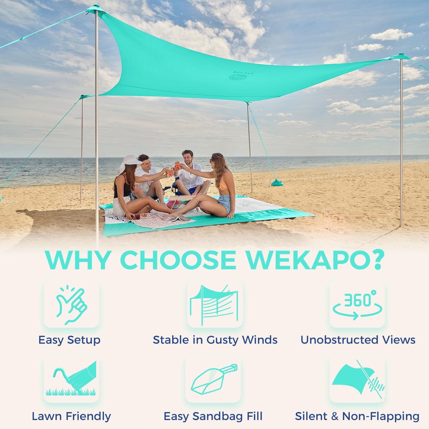 WEKAPO Beach Tent Sun Shelter - Easy Setup Beach Canopy with 4 Sturdy Poles, Large Sandbags and Shovel, 6'7'' Tall, Windproof Sun Shade for Backyard and Camping, UPF 50+ Protection