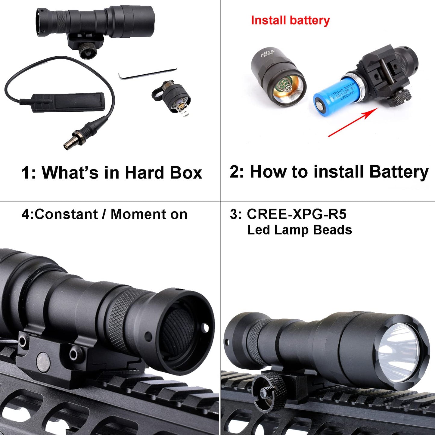 KECPVLI Tactical LED Mini Scout Weaponlights Single Mode Hunting Light with Pressure Switch and Rifle Mount Black