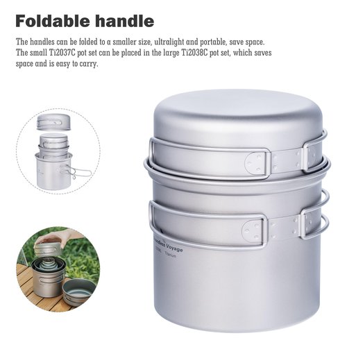 iBasingo Ultralight Backpacking Cookset Titanium Pot Pan Set 1000ml & 500ml Camping Cookware with Folding Handle Compact Portable Durable Cooking Mess Kit for Outdoor Travel Picnic Hiking Ti2038C