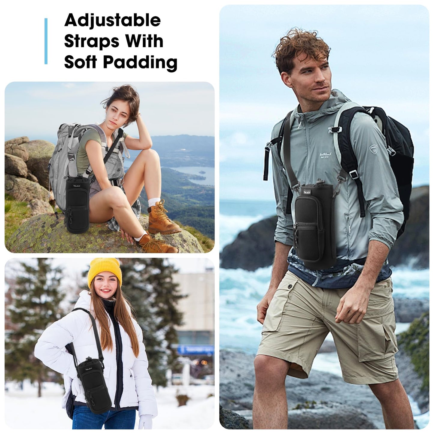 25/32/40oz Water Bottle Carrier Bag with Phone Pocket,Crossbody Insulated Neoprene Adjustable Shoulder Strap Water Bottle Pouch Case, Water Bottle Holder Sling Sleeve for Walking Hiking, 40oz Black