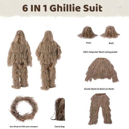 SETLUX Ghillie Suit for Men, Gilly Suit for Adults Camo Hunting Clothes 3D Woodland Camouflage Suits for Hunting(Desert 2XL)