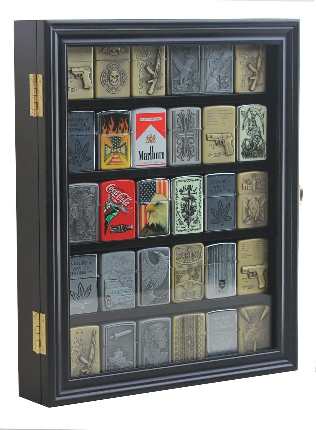 30 Lighters Display Case Wall Cabinet Compatible with Zippo Lighters Military Sport Collectible Match Book Black Frame