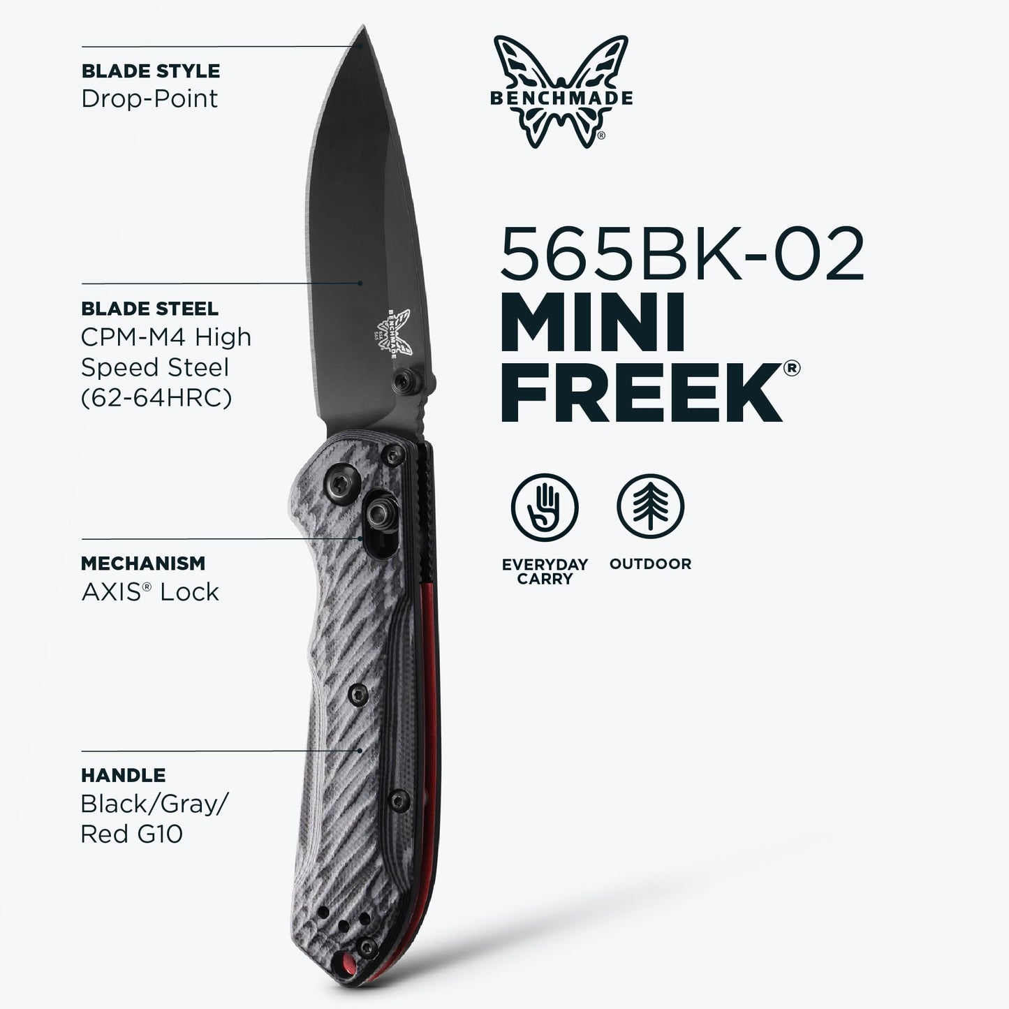 Benchmade - Mini Freek 565BK-2 EDC Knife with Gray/Black G10 Handle (565BK-2)