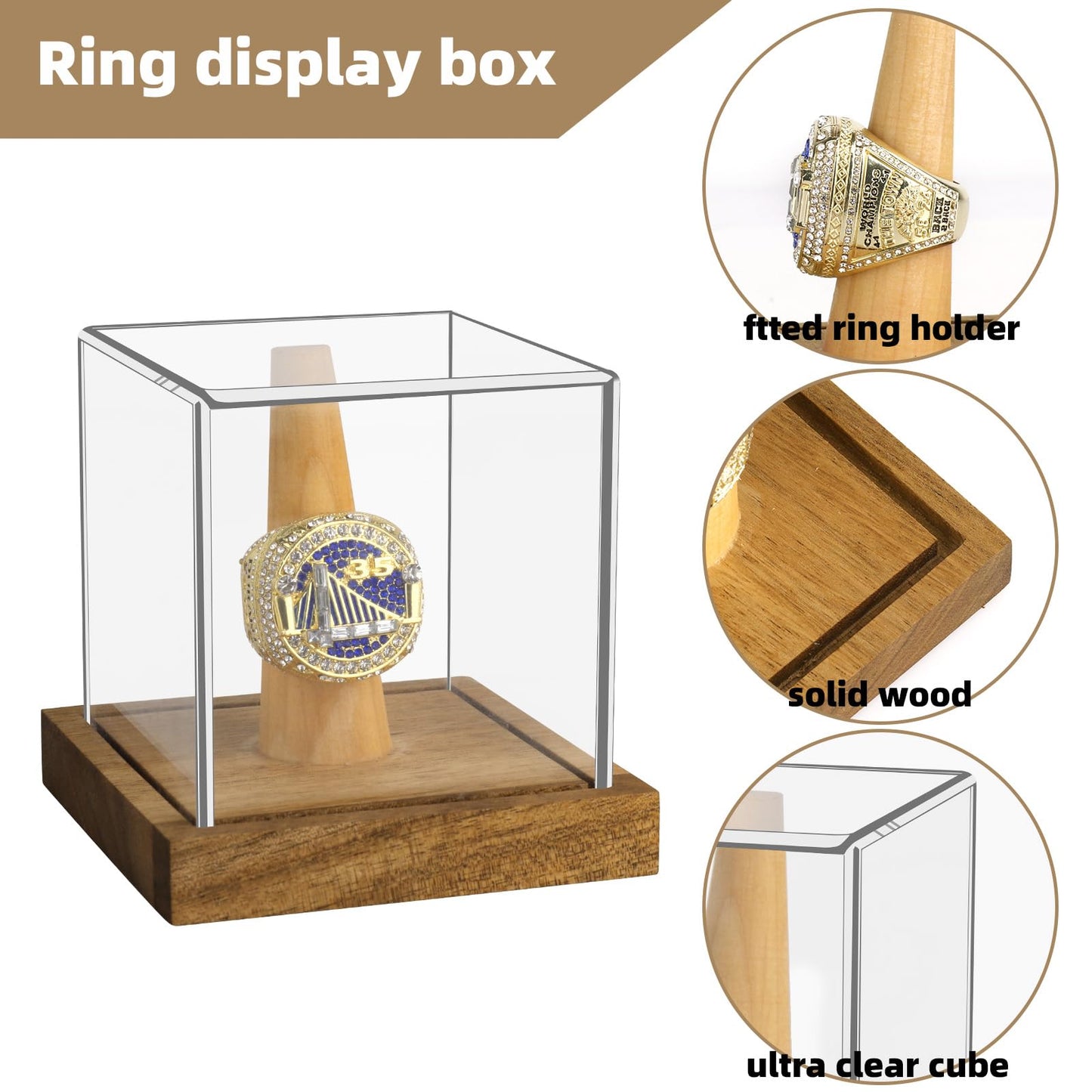 2 Pack Championship Ring Display Case Clear Acrylic Single Ring Holder with Wood Stand Base 1 Slot Ring Hole Storage for Sports Basketball Baseball Fan Souvenirs Military, UV Protection 3.94 Inch