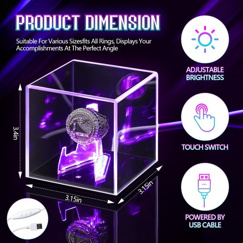 Colingmill Acrylic Championship Ring Display Case with LED Light 7 Color Clear Ring Holder UV Protected Light up Display Box for Sports Basketball Baseball Souvenir Memorabilia Gift